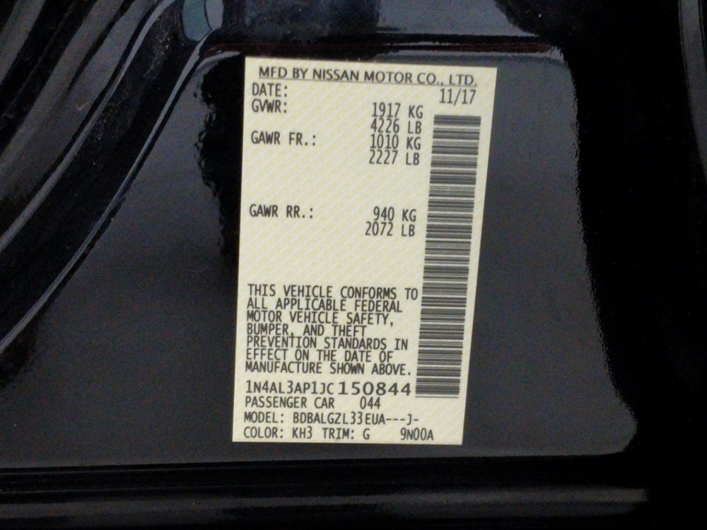 2018 Nissan Altima - VIN Plate