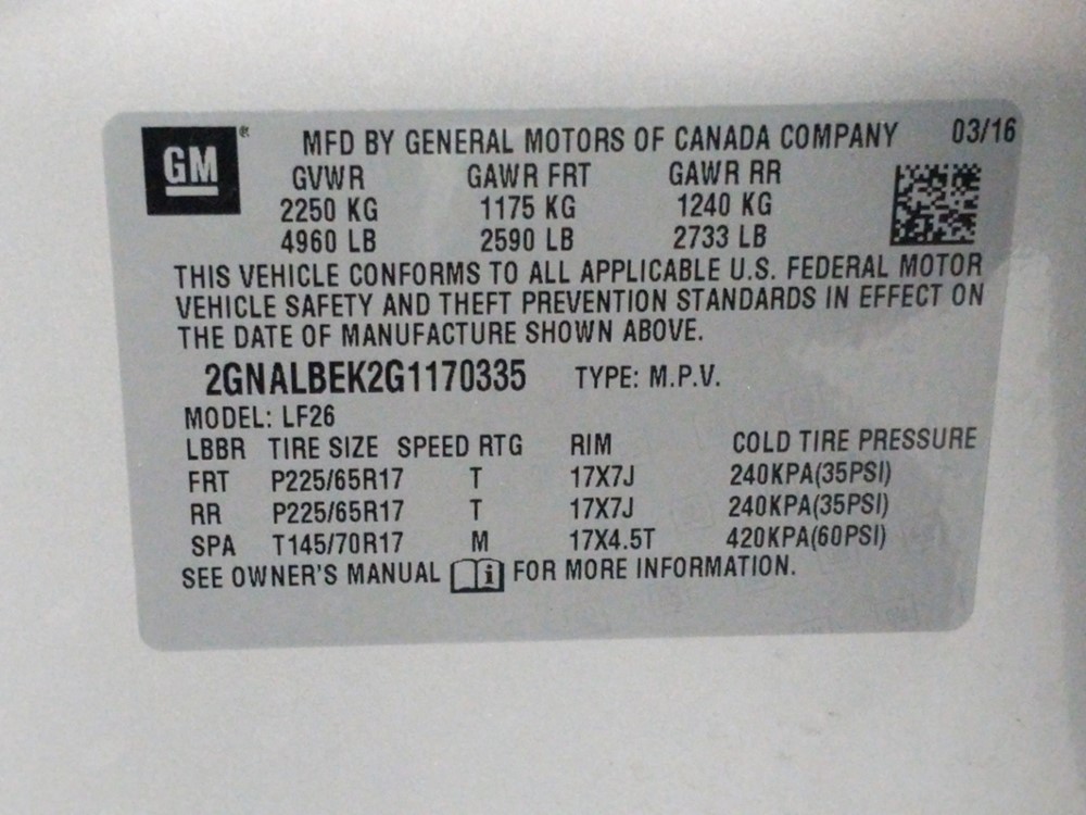 2016 Chevrolet Equinox - VIN Plate