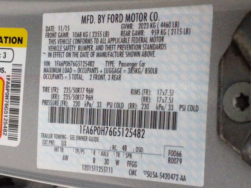 2016 Ford Fusion - VIN Plate