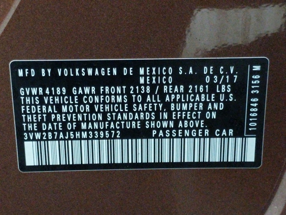 2017 Volkswagen Jetta - VIN Plate