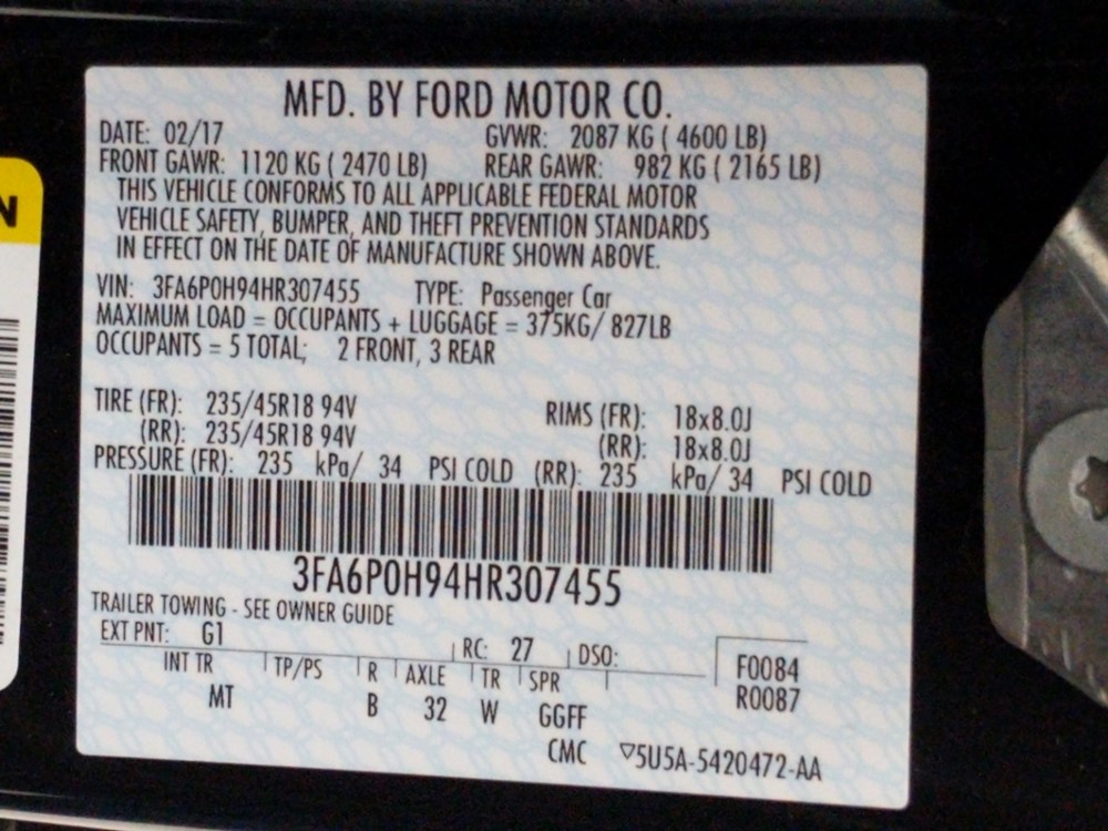 2017 Ford Fusion - VIN Plate