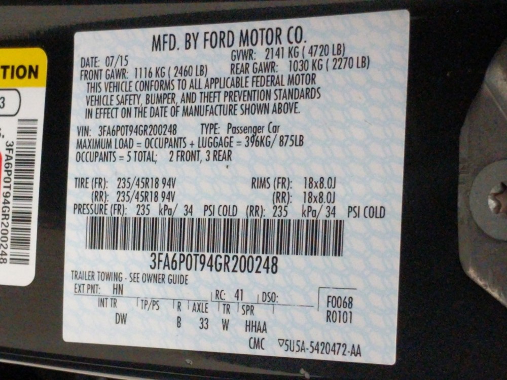 2016 Ford Fusion - VIN Plate