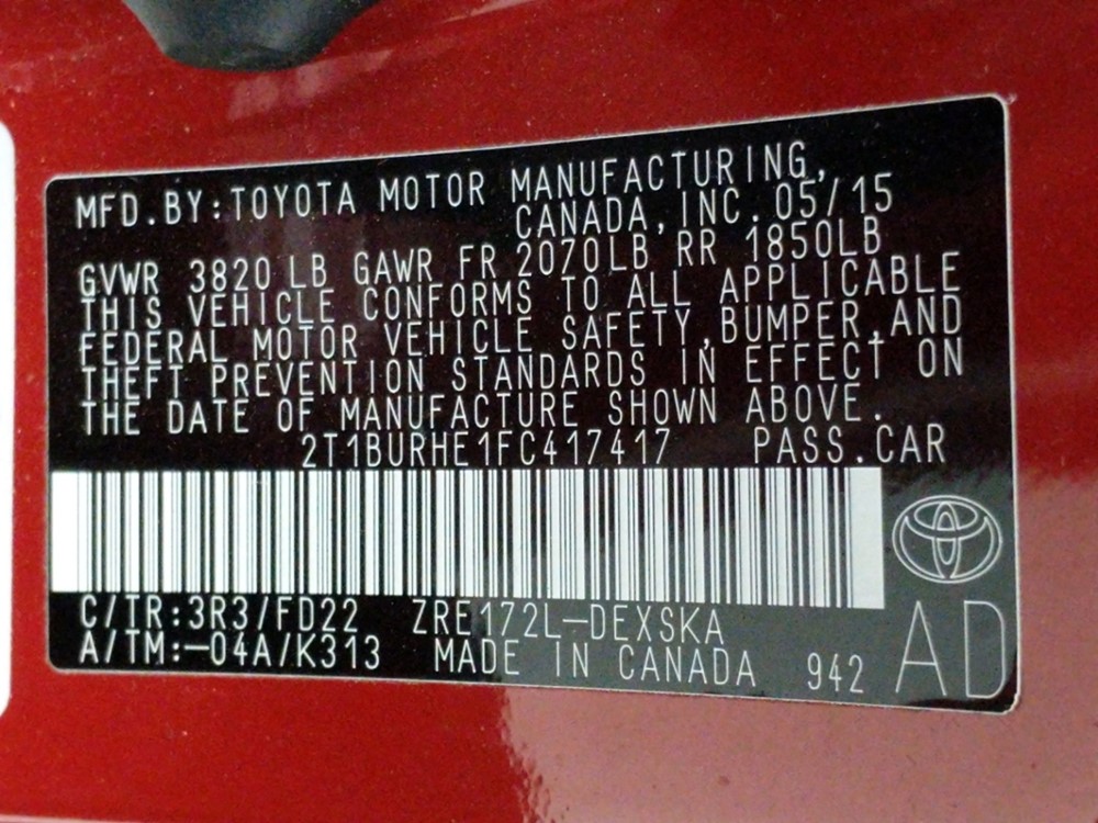 2015 Toyota Corolla - VIN Plate
