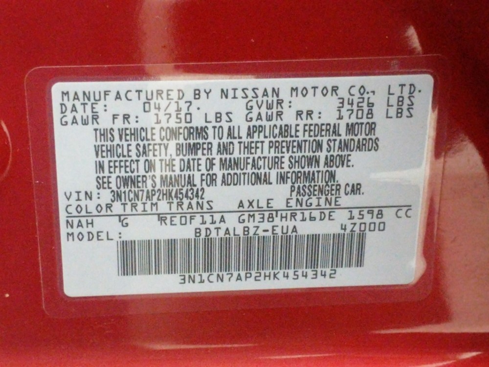 2017 Nissan Versa - VIN Plate