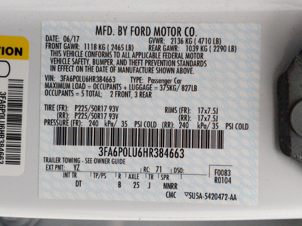 2017 Ford Fusion - VIN Plate