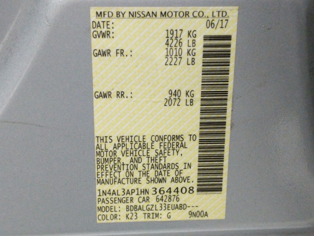 2017 Nissan Altima - VIN Plate