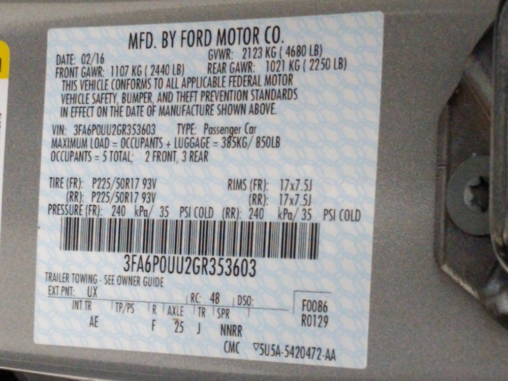 2016 Ford Fusion - VIN Plate
