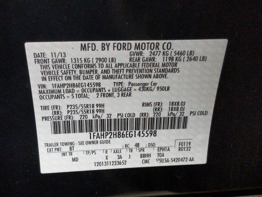 2014 Ford Taurus - VIN Plate