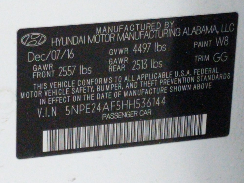 2017 Hyundai Sonata - VIN Plate