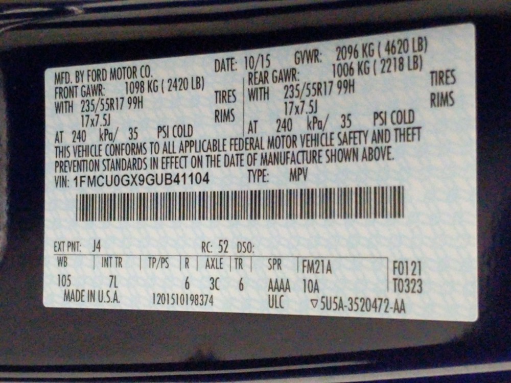 2016 Ford Escape - VIN Plate
