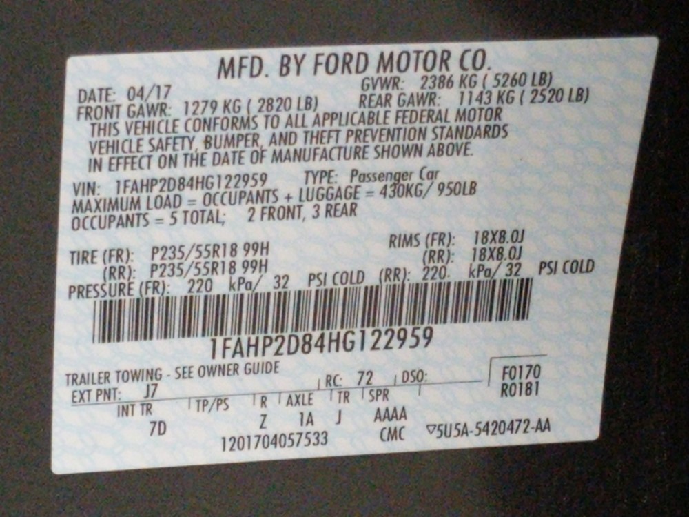 2017 Ford Taurus - VIN Plate