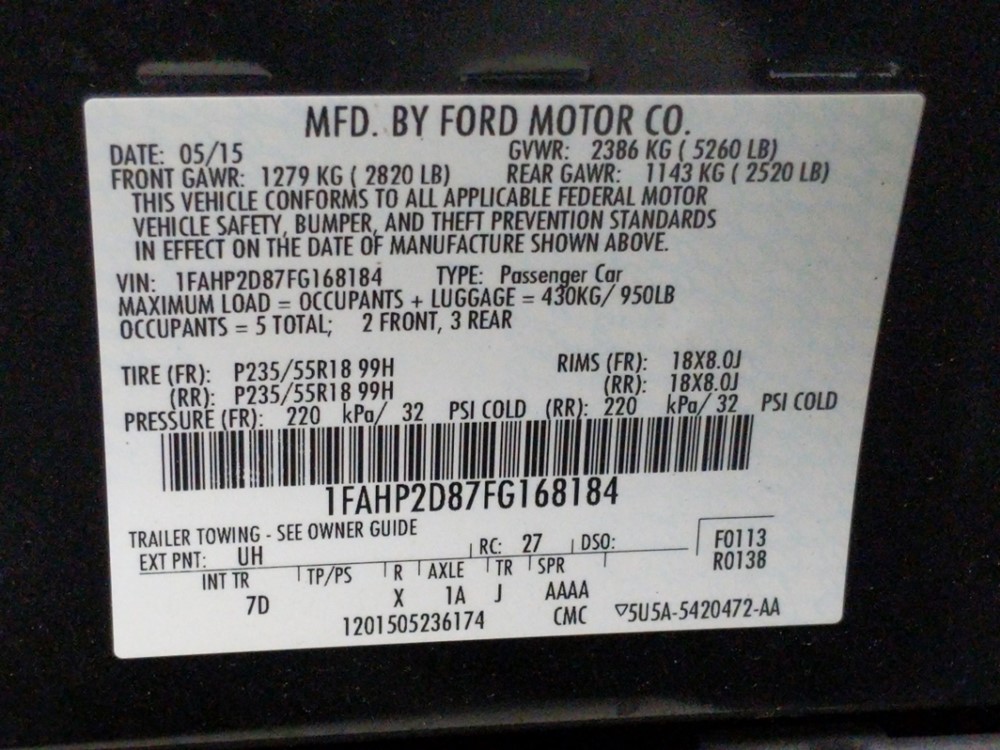 2015 Ford Taurus - VIN Plate