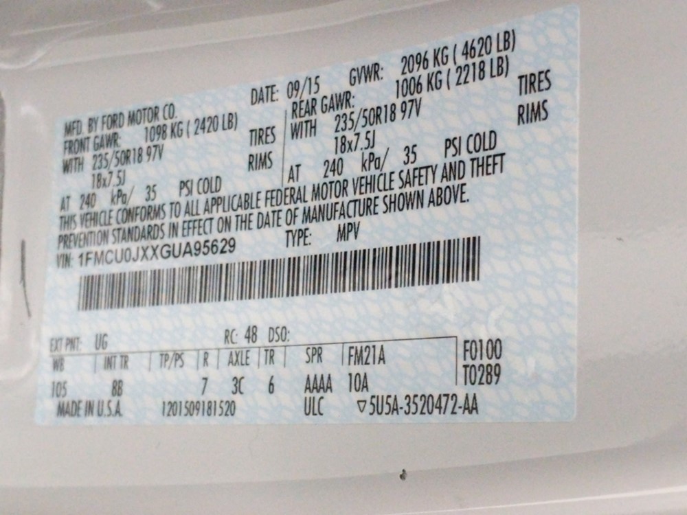 2016 Ford Escape - VIN Plate