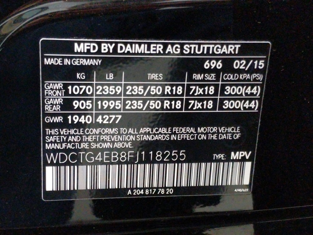 2015 Mercedes-Benz GLA250 - VIN Plate