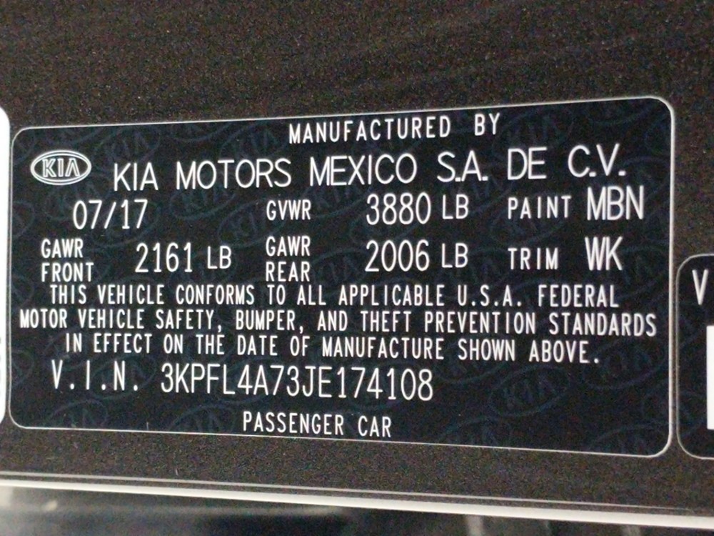 2018 Kia Forte - VIN Plate