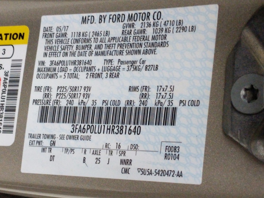 2017 Ford Fusion - VIN Plate