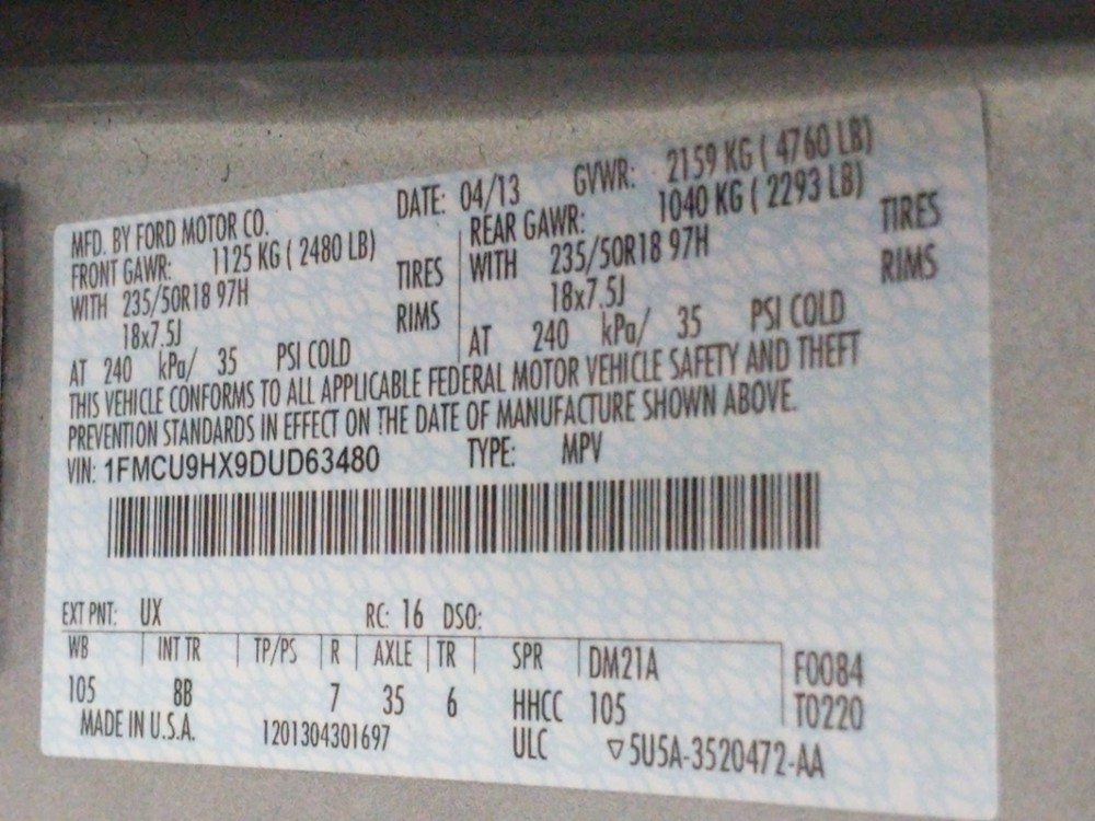 2013 Ford Escape - VIN Plate