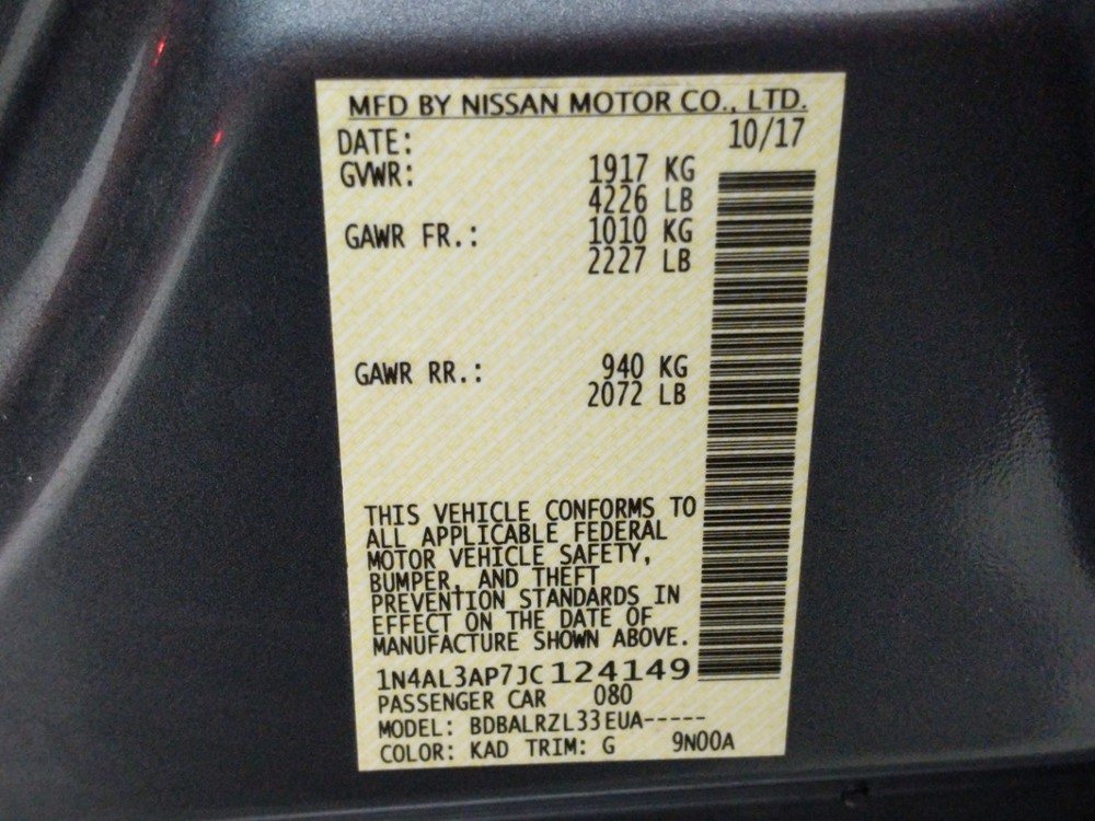 2018 Nissan Altima - VIN Plate