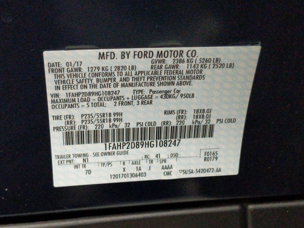 2017 Ford Taurus - VIN Plate