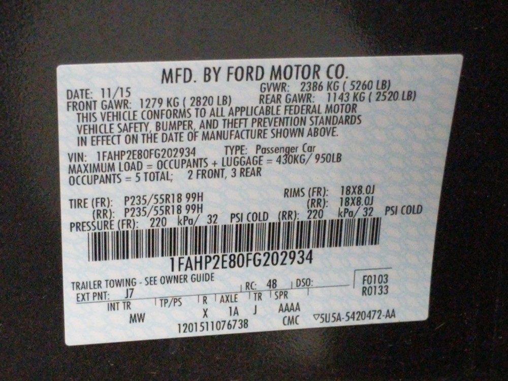 2015 Ford Taurus - VIN Plate