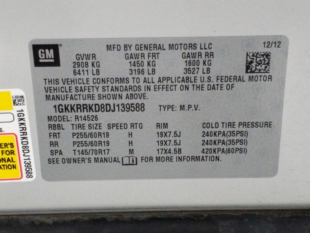 2013 GMC Acadia - VIN Plate