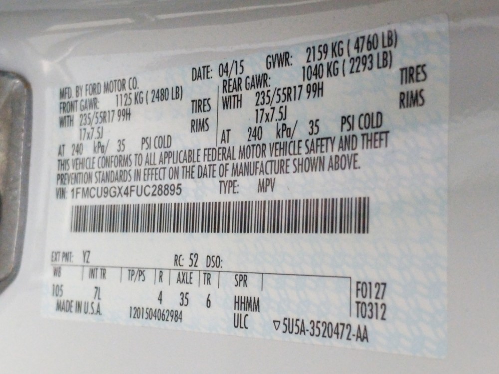 2015 Ford Escape - VIN Plate
