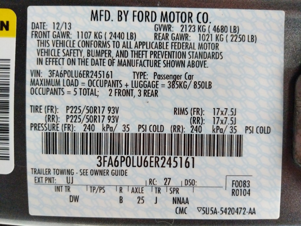 2014 Ford Fusion - VIN Plate