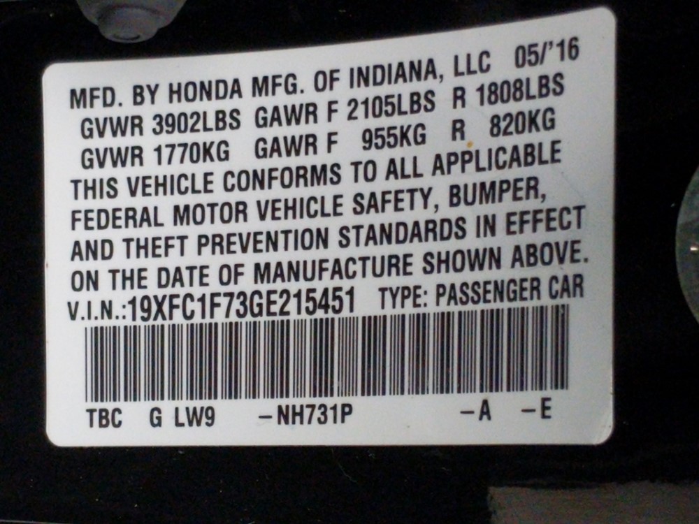 2016 Honda Civic - VIN Plate