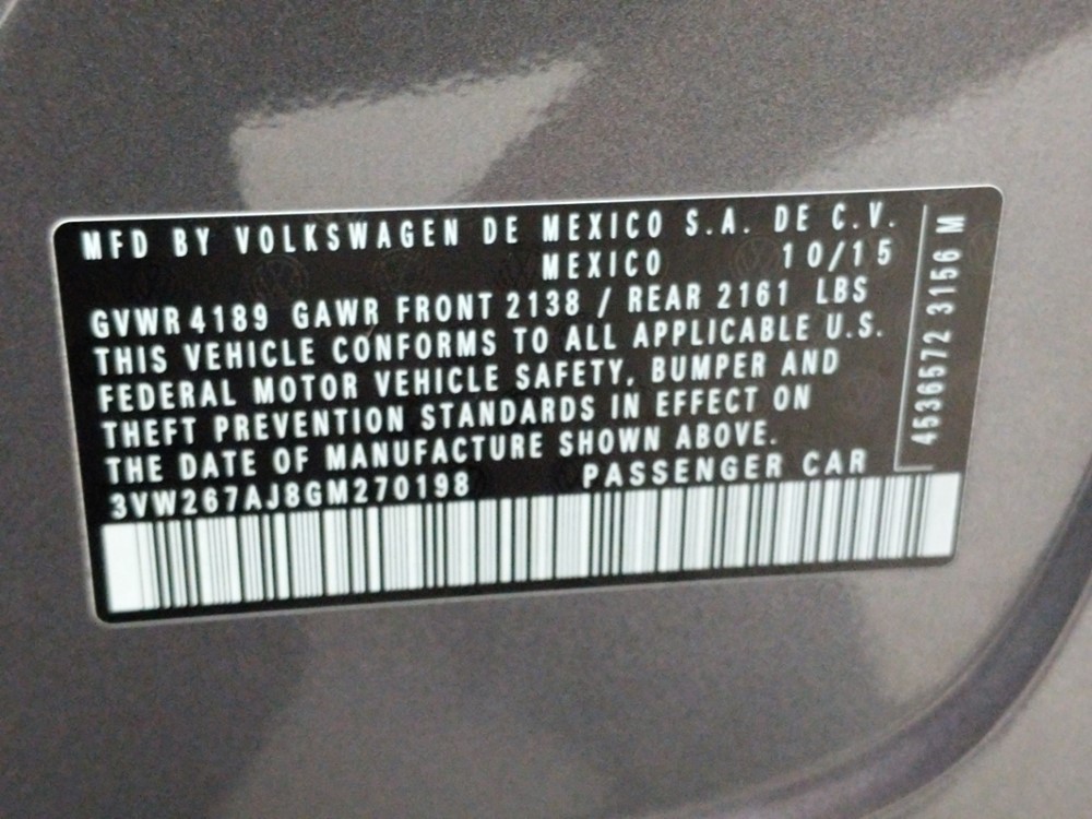 2016 Volkswagen Jetta - VIN Plate
