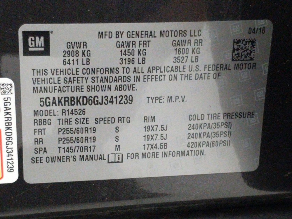 2016 Buick Enclave - VIN Plate