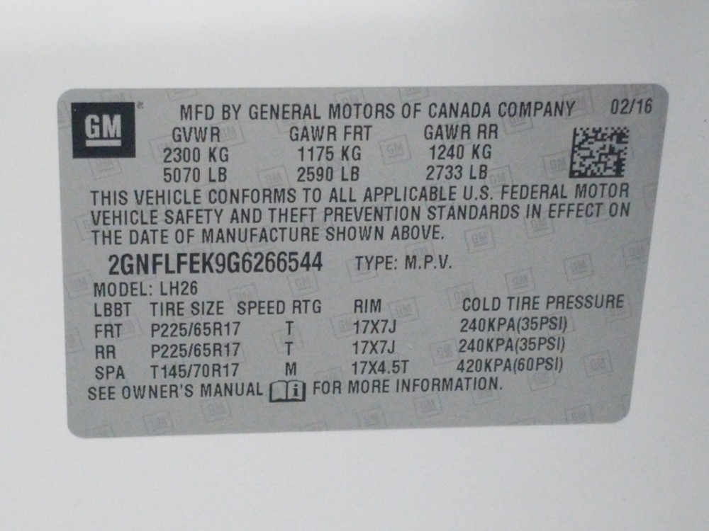 2016 Chevrolet Equinox - VIN Plate