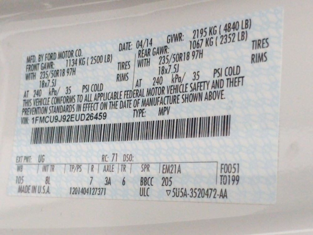 2014 Ford Escape - VIN Plate