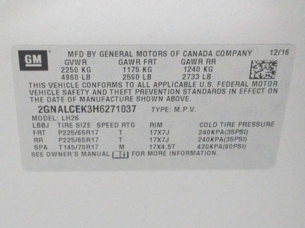 2017 Chevrolet Equinox - VIN Plate