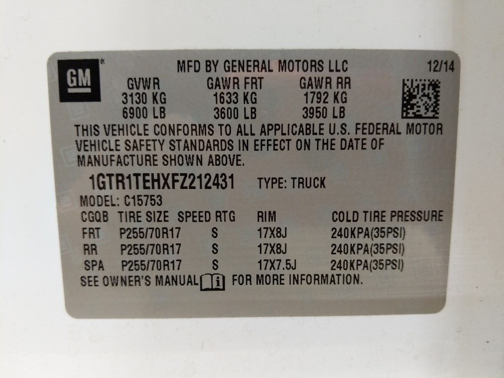 2015 GMC Sierra 1500 - VIN Plate