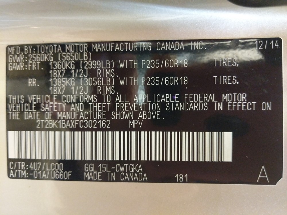 2015 Lexus RX 350 - VIN Plate