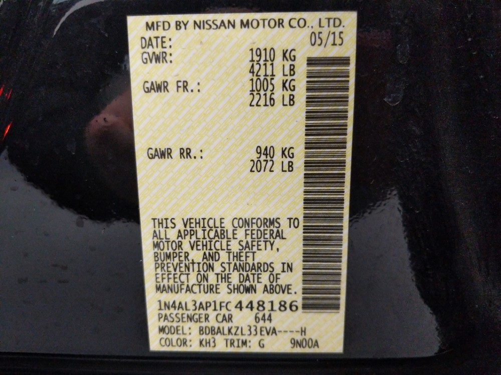 2015 Nissan Altima - VIN Plate