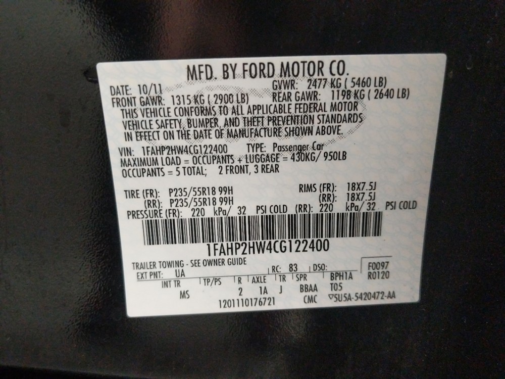 2012 Ford Taurus - VIN Plate