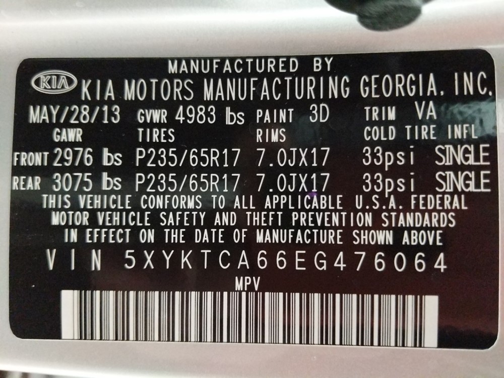 2014 Kia Sorento - VIN Plate