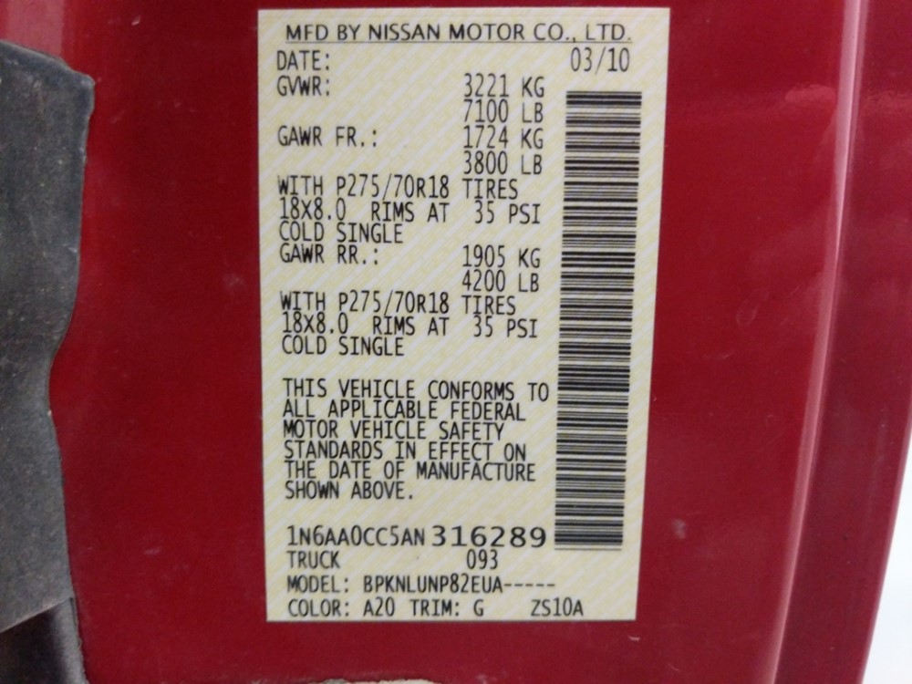 2010 Nissan Titan - VIN Plate