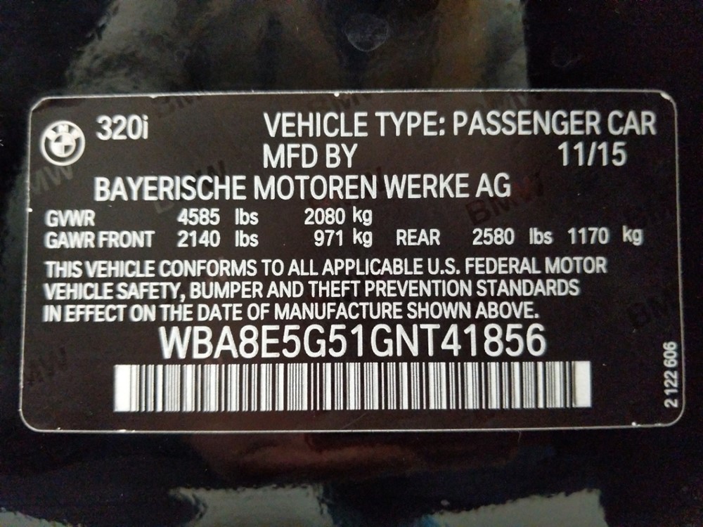 2016 BMW 320i - VIN Plate