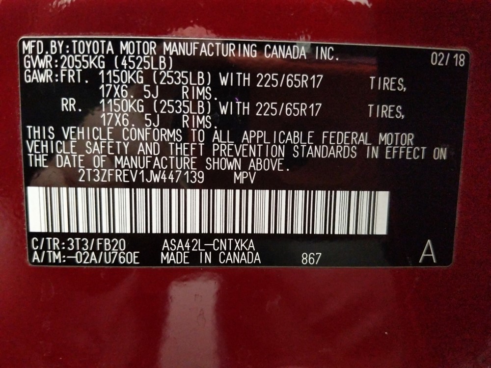 2018 Toyota RAV4 - VIN Plate