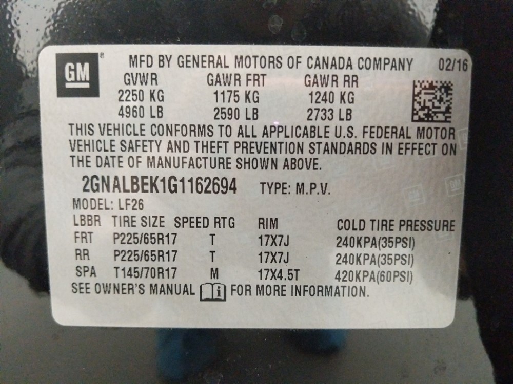 2016 Chevrolet Equinox - VIN Plate