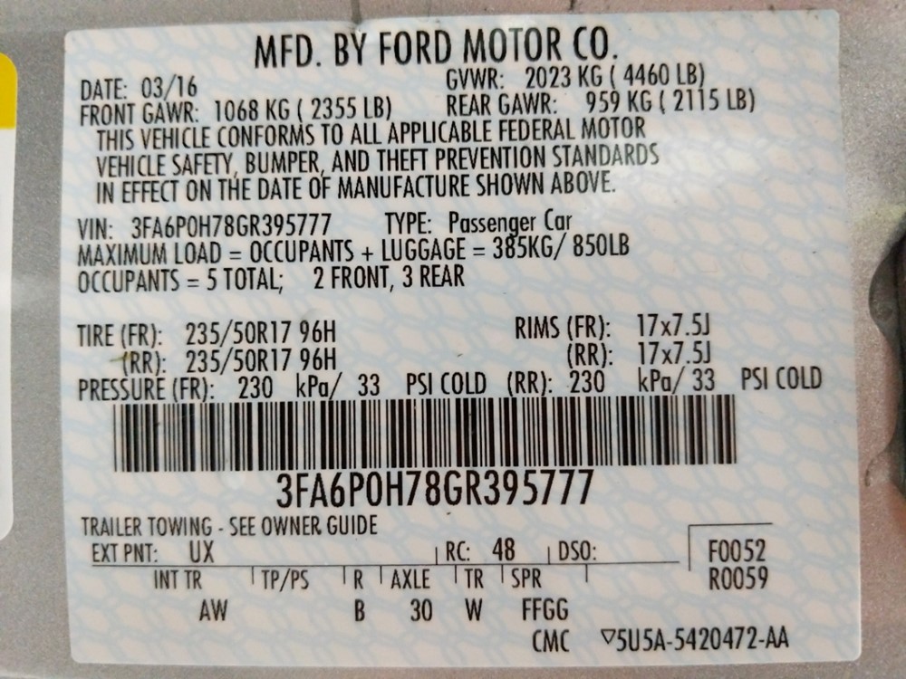 2016 Ford Fusion - VIN Plate