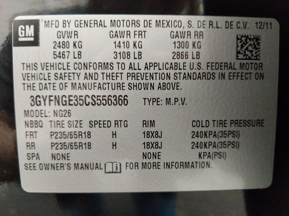 2012 Cadillac SRX - VIN Plate