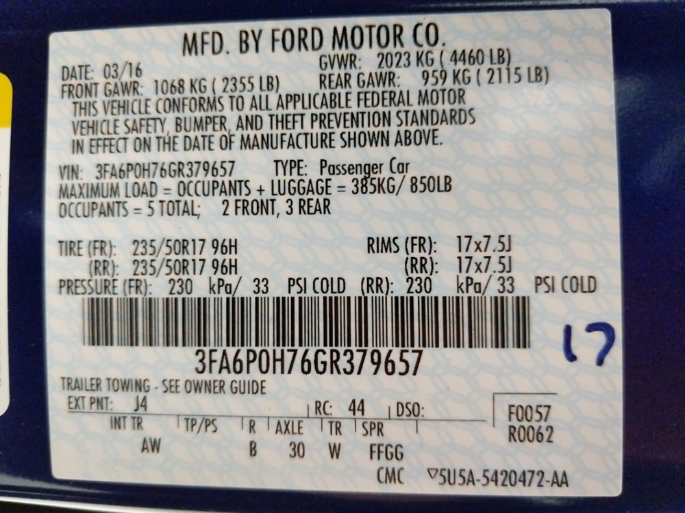 2016 Ford Fusion - VIN Plate