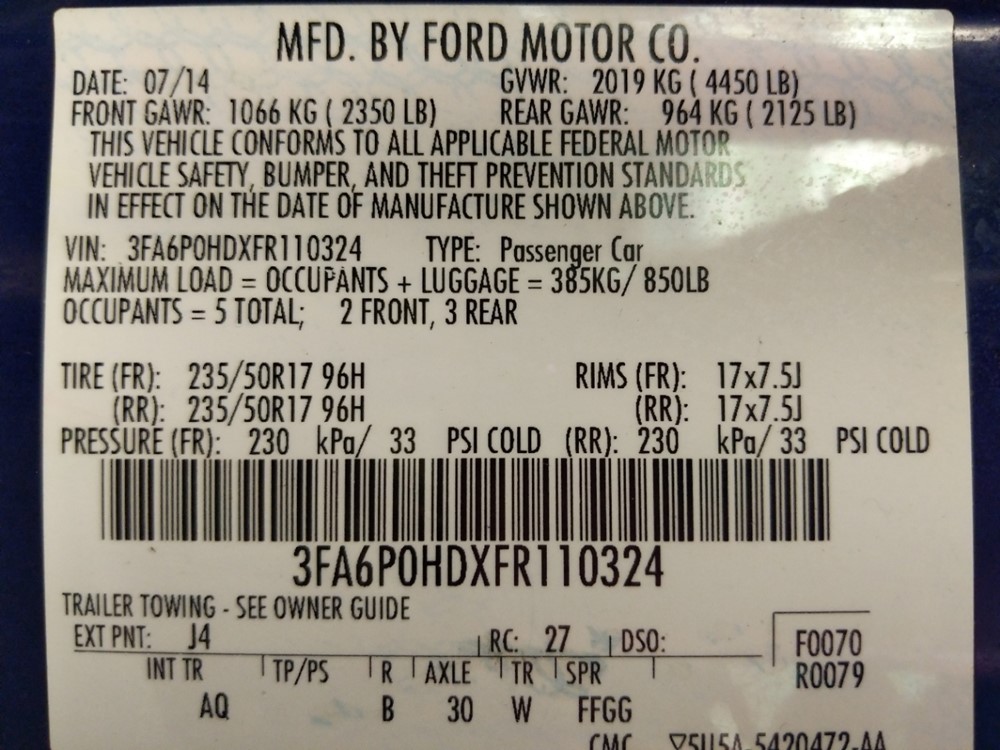 2015 Ford Fusion - VIN Plate
