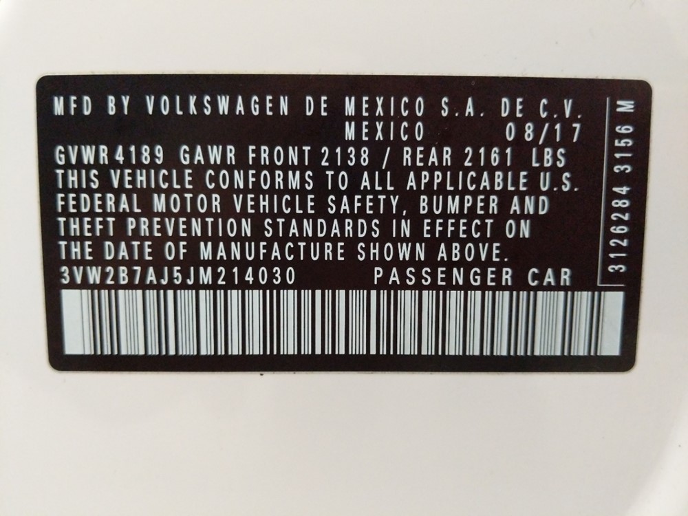 2018 Volkswagen Jetta - VIN Plate