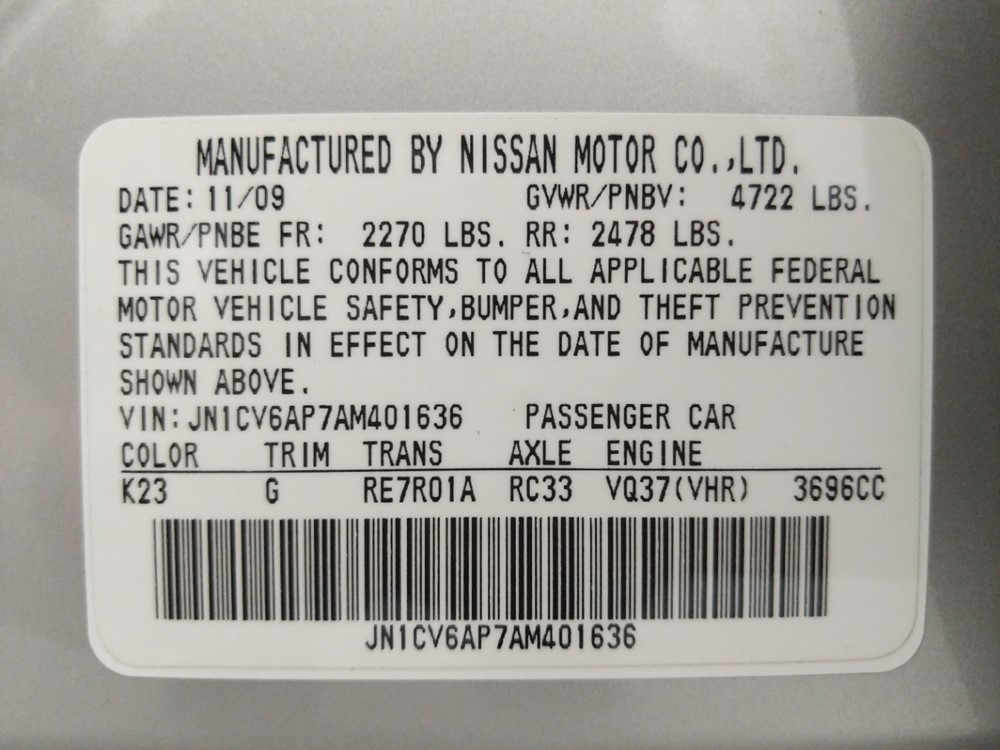 2010 INFINITI G37 - VIN Plate