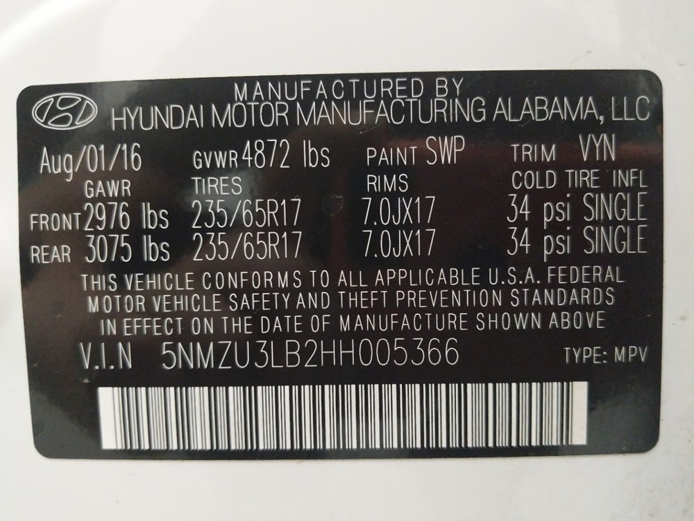 2017 Hyundai Santa Fe - VIN Plate