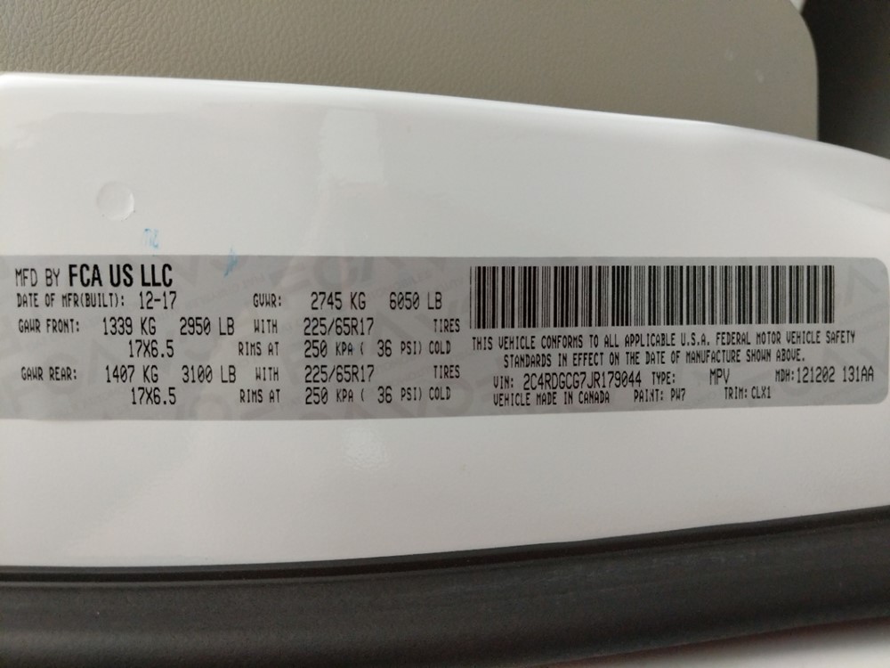 2018 Dodge Grand Caravan - VIN Plate